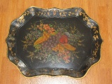 Toleware Hand Painted Serving Tray Fruit & Floral Pattern Gilded Trim