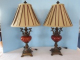 Pair - Classic Urn Form Table Lamps w/ Maroon & Glisten Gold Tone Font on Resin Plinth Base