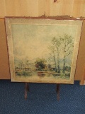 Vintage Wooden Base Folding Card/Game Table Impressionist Landscape Scene Top