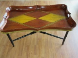 Black Lacquer Bamboo Style Folding Coffee Table Base w/ Harlequin Pattern Handled Tray Top