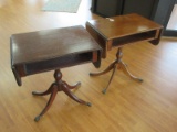 Pair - Mahogany Pedestal Drop-leaf End Tables w/ Shelf & Brass Paw Cap Feet