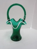 Fenton Emerald Green Sample Basket w/ White Ruffled Rim & Applied Spiral Handle