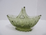 Fenton Colonial Green #1939 Daisy & Button Pattern Basket w/ Split Handle Oval Shape