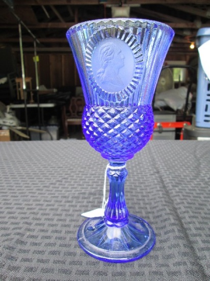 Tall Cobalt Blue Glass Cup w/ Fronted Medallion Center, Hobcut Base Tall Pontil Base