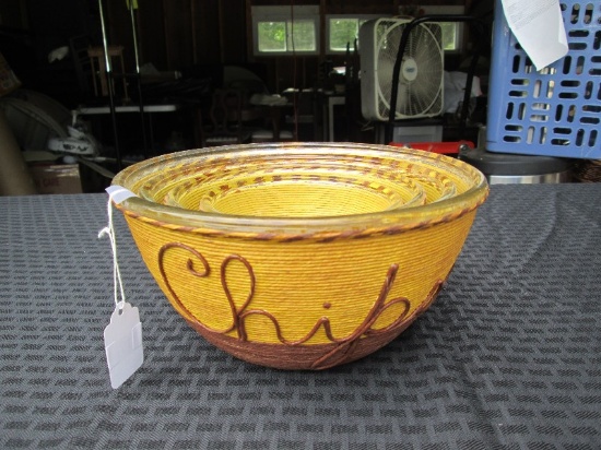 4 Yellow/Brown Twine Wrap Bowls w/ 'Chips, Pretzels, Candy, Nuts'