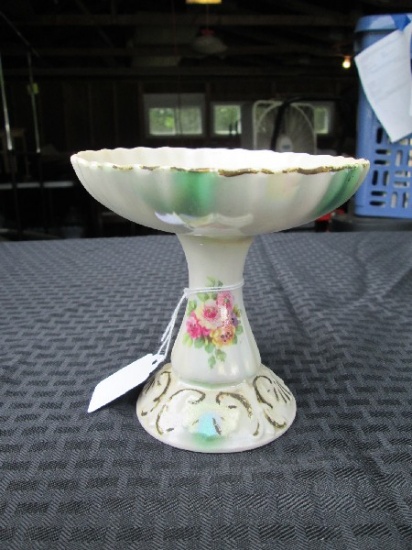 Décor Dish On Column Stand Ornate Base Scallop Rim Peach Center/Floral Motif