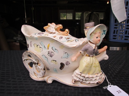 Ceramic Victorian Boy/Girl w/ Carriage Jar Ornate/Gilted Design Motif