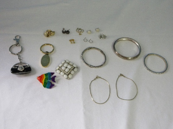 Jewelry Lot - Pierced Earrings, Bracelets, 2 Brooches & 2 Key Rings Tropical Fish, Rhinestone