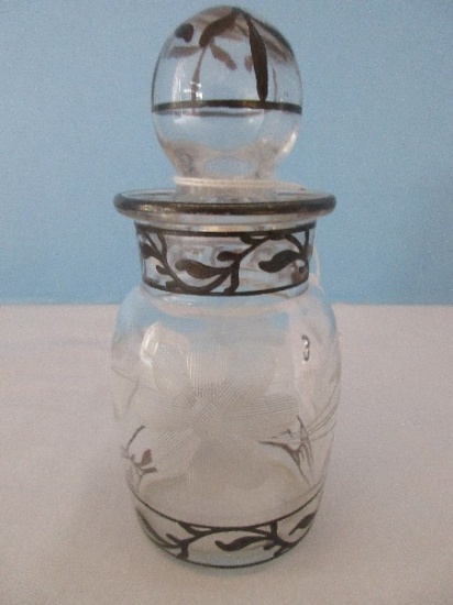 Sterling Silver Art Nouveau Design Overlay Glass Perfume Bottle