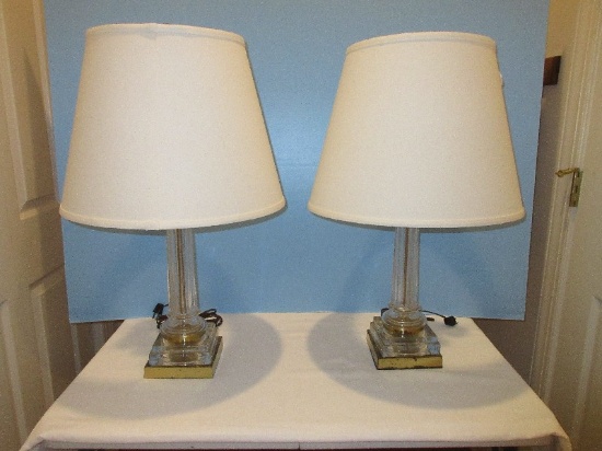 Pair - Lead Crystal Grecian Column Design 28" Table Lamps Double Pull Chains on Brass Tone