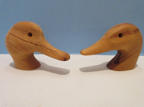 2 Carved Wooden Duck Heads Canvas Back 4" & Mallard 4" Natural Finish