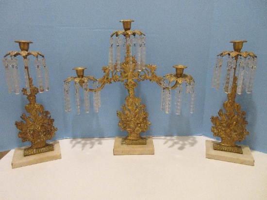 3 Piece - Girandole Set Brass Flower Baskets on Marble Base w/ Etched Prisms