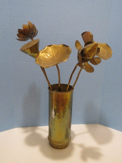 Brass Cylinder 13 1/4" Vase w/ Beaded Band Trim Hammered Finish w/ Brass Stemmed Lotus