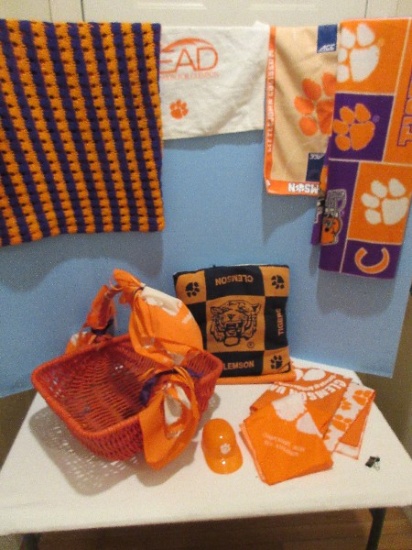 Lot - Orange Clemson Tigers Basket w/ Pillow, Throw, Hand Towel, Tiger Rag Linen