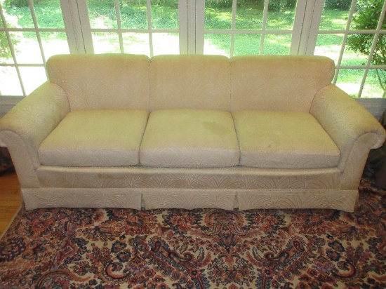 Transitional Modern Ivory Pattern Upholstered Sofa w/ Rolled Arms & Pleated Skirt