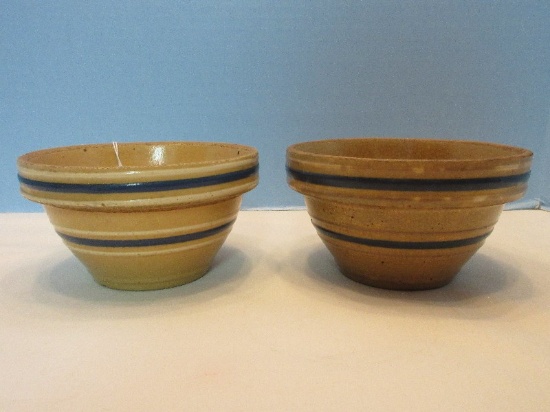 Pair - Vintage Yellowware Small Mixing Bowl Blue/White Bands Pattern