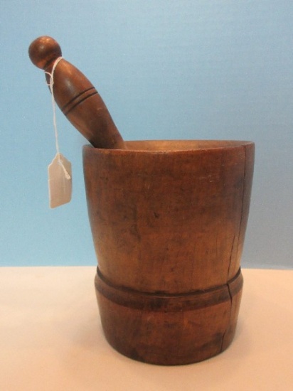 Early Wooden Mortar 6 1/2" & Pestle 9"