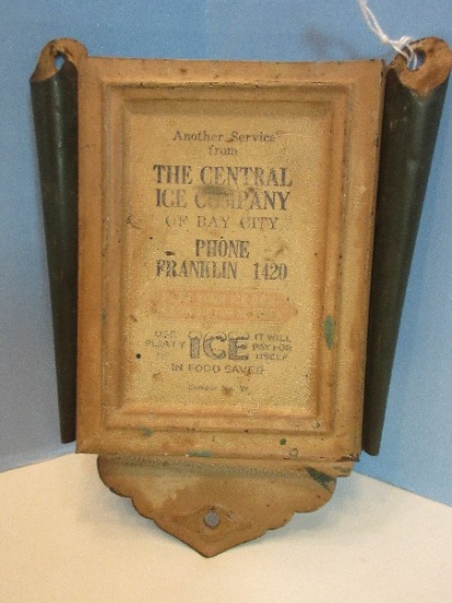 Advertising Rare Find The Central Ice Co. of Bay City Tin Wall Plaque Dual Ice Pick Holder