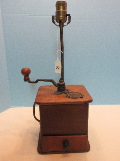 Early Wood Dovetail Coffee Grinder Converted To Decorative Accent 18" Lamp