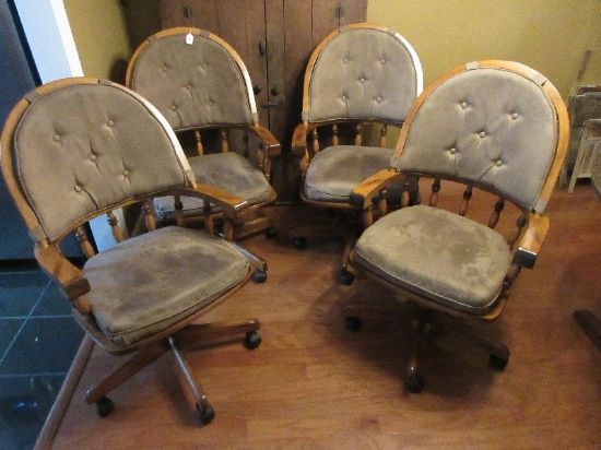 Set - 4 Solid Oak Captains Swivel Caster Dining Chairs w/ Upholstered