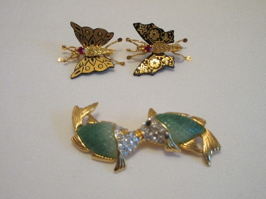 Lot - Kenneth Jay Lane Kissing Koi Fish Pave Faux Jade Brooch, 2 Butterfly Pins