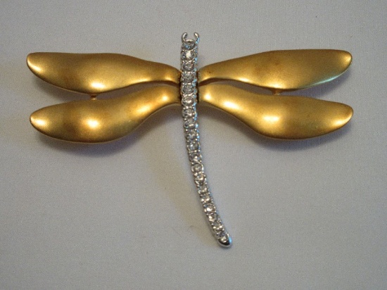 Kenneth Jay Lane Crystal Dragonfly Brooch Two-Tone Stain-Finish w/ Stunning Pave Shimmer