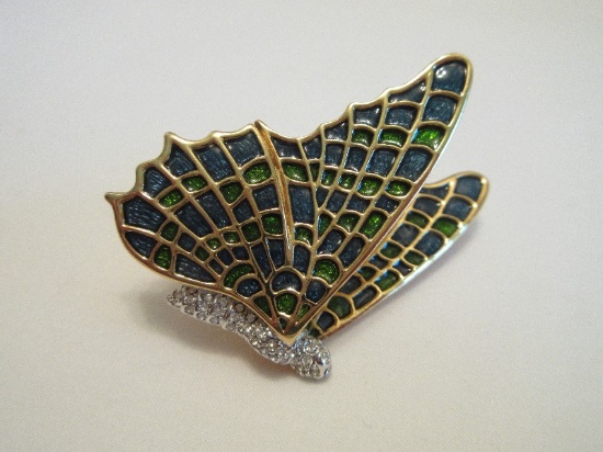 Kenneth Jay Lane Designer Cloisonné Enamel Pave Crystal Dimensional Butterfly Brooch