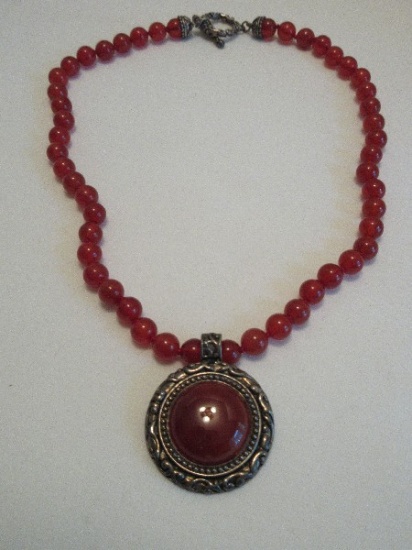 Red Jade Beaded Necklace w/ 925 Sterling Medallion Pendant Clip On & Toggle Clasp