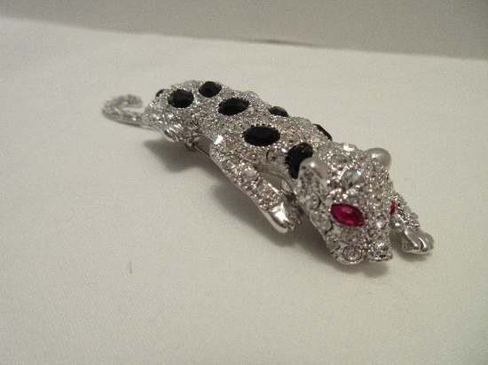 Kenneth Jay Lane Leopard Pin Brooch Rhinestone w/ Ruby Colored Eye