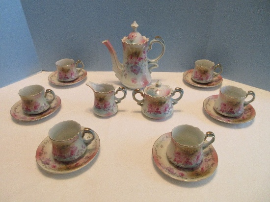 17 Piece - Replica R.S. Porcelain Demitasse Tea Set Pink Rose Spray Gilded Trim Design