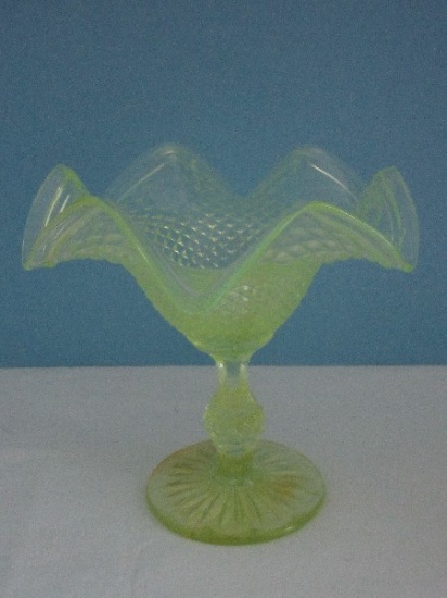 Topaz Yellow Vaseline Glass Diamond Pattern Compote/Comport w/ Ruffle Edge