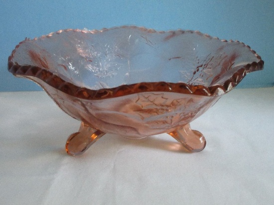 Stag & Holly Pattern Pink Pressed Glass 3 Toed Center Bowl