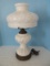 Early Milk Glass Electric Replica Oil Lamp Emboss Scrolled Foliage Panel Design w/ Glass Shade