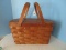 Vintage Double Handle Picnic Woven Picnic Basket w/ Hinged Oak Lid