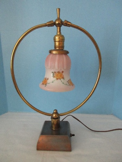 Unique Victorian Era Style Brass Tone 18" Hoop Pendant Table Lamp Glass Floral Swag Shade