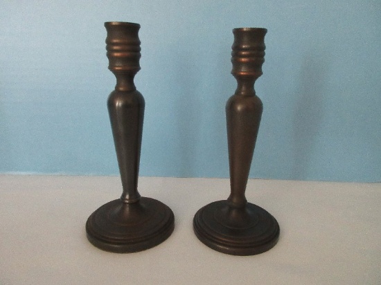 Pair - Baldwin Brass Stepped Round Base 7" Classic Candle Stick Chestnut Patina