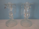 Pair - Pressed Glass Single Light Candlesticks Cascade Stem Diamond Pattern Base