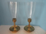 Pair - Brass Tone Candle Sticks w/ Glass Hurricane Shades & Drip Pan Base