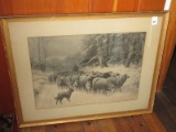 Shepherd & His Dog Driving Flock of Sheep Along Country Lane Vintage Litho in Gilded Frame