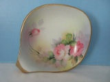 Nippon Hand Painted Nappy Dish Pink Stem Rosebuds/Foliage Pattern Gilted Trim