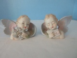 Pair - Bisque Lamore China Cherub Bust Playing Lyre & Singing