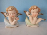 Pair - Bisque Cherub Bust Figurines Holding Floral Bouquet & Violin Gilt Trim