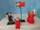 Lot - 3 Wooden Whimsical Hand Painted Angels & Porcelain Face/Hands Angel Figurine