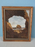 Original Oil on Artist Board Rock Sea Scape Scene Signed Ruth Edens in Rustic Frame