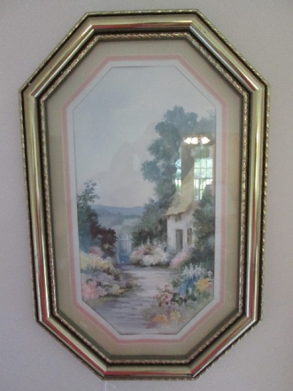 Floral Cottage Colorful Scene Print in Rope Trim Gilted Frame/Matt