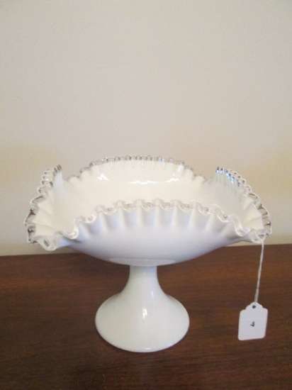 Milk Glass Tall Centerpiece Bowl Clear Crimped/Flared Rim on Raised Stand