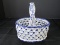 White/Blue Ceramic Basket Wicker Design Blue Floral Center