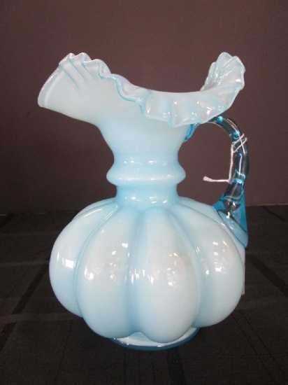 Fenton Art Glass Sky Blue Pitcher Scallop Body Crimped/Flared Trim, Glass Twist Handles