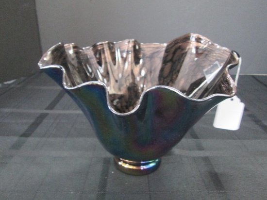 Iridescent Metal Crimped Rim Center Bowl, Brown Glitter Inside Signed R. Jones '92