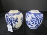 2 Ceramic Urn Vases Blue Floral Pattern Design